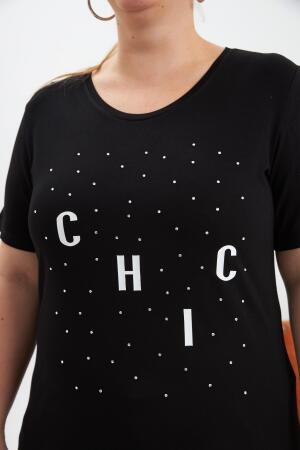 Büyük Beden Taş Detay Baskılı Tişört Siyah - 2