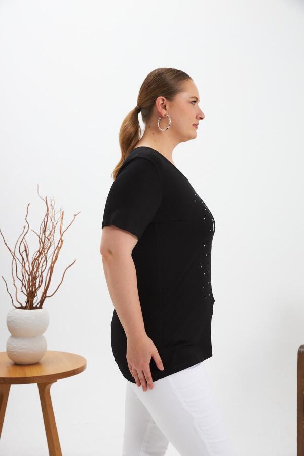 Büyük Beden Taş Detay Baskılı Tişört Siyah - 3