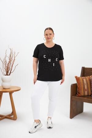 Büyük Beden Taş Detay Baskılı Tişört Siyah - 4