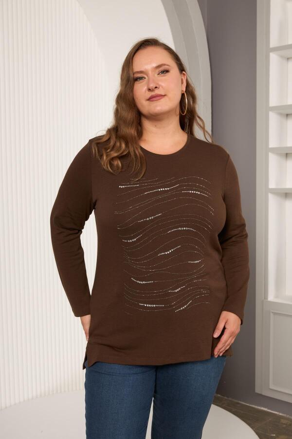 Büyük Beden Taş Detay Bluz Kahve - 1