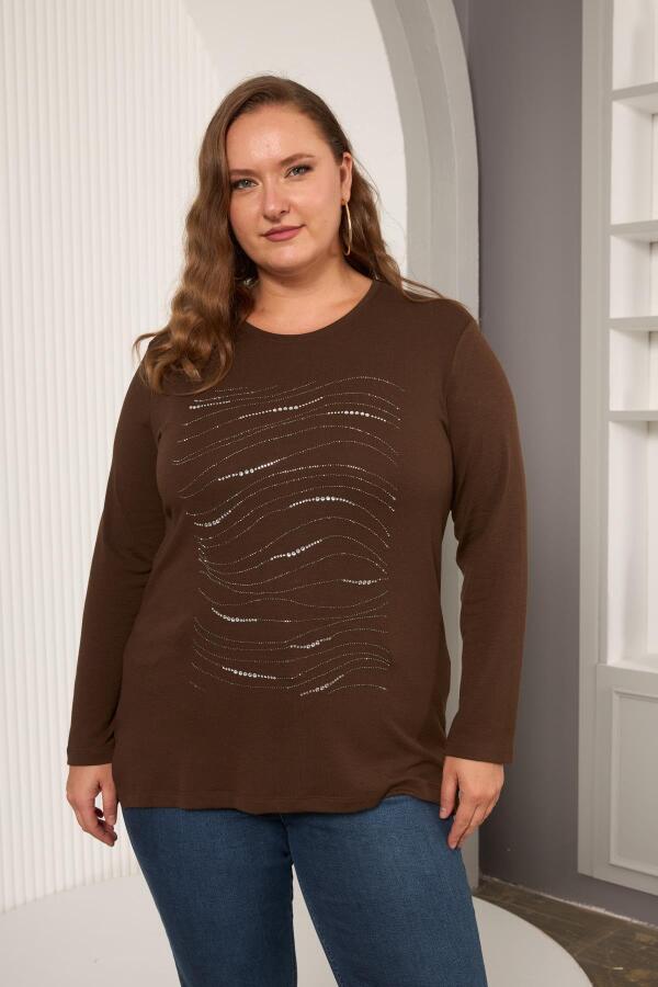 Büyük Beden Taş Detay Bluz Kahve - 3