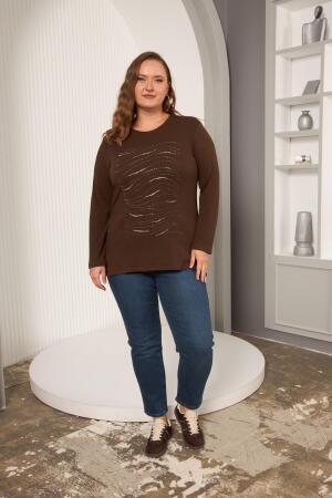 Büyük Beden Taş Detay Bluz Kahve - 6