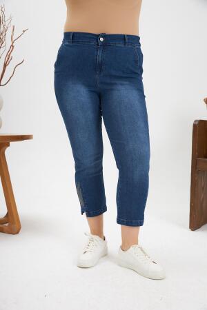 Büyük Beden Taş Detay Denim Kapri Kim. Mavi - 1