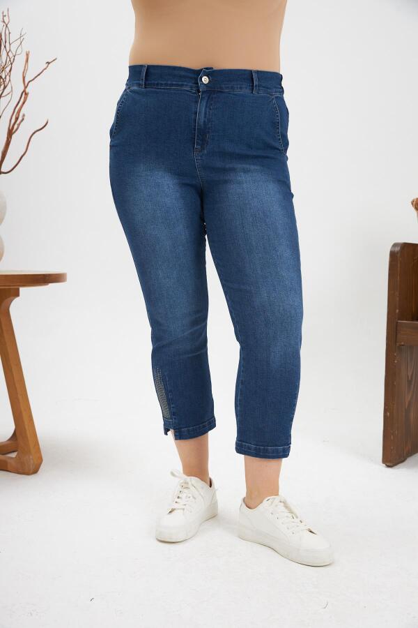 Büyük Beden Taş Detay Denim Kapri Kim. Mavi - 1