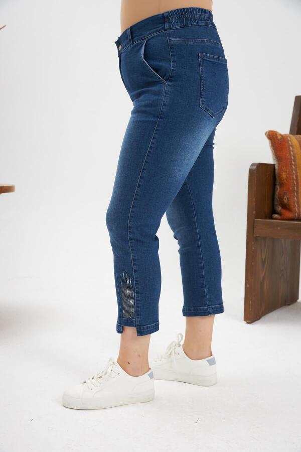 Büyük Beden Taş Detay Denim Kapri Kim. Mavi - 3