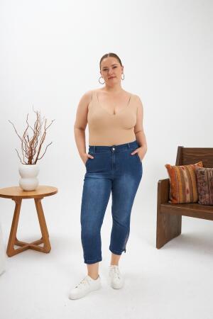 Büyük Beden Taş Detay Denim Kapri Kim. Mavi - 5