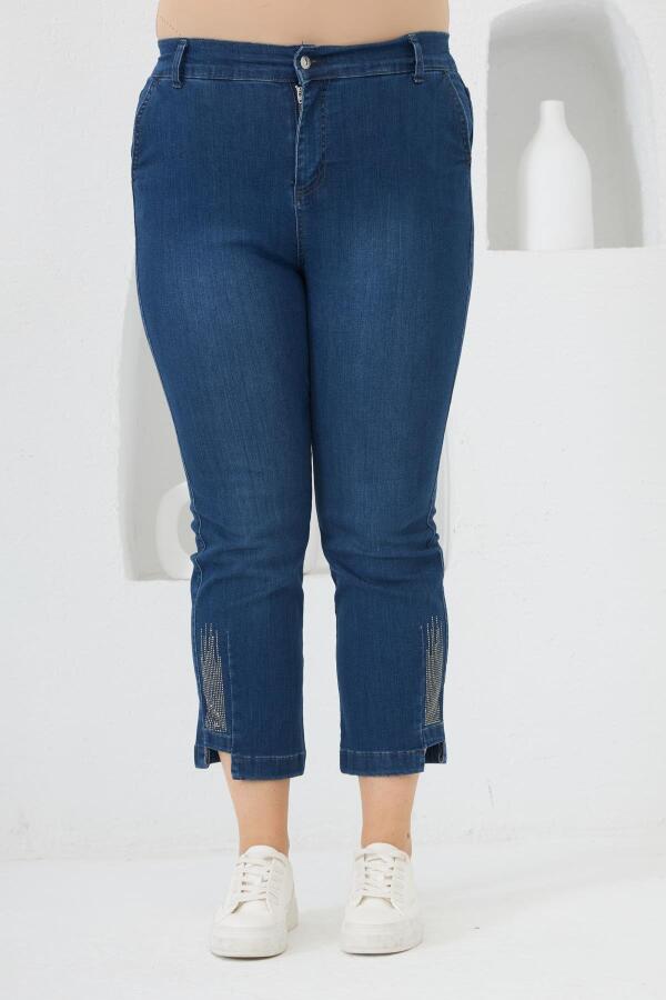Büyük Beden Taş Detay Denim Kapri Lacivert - 1