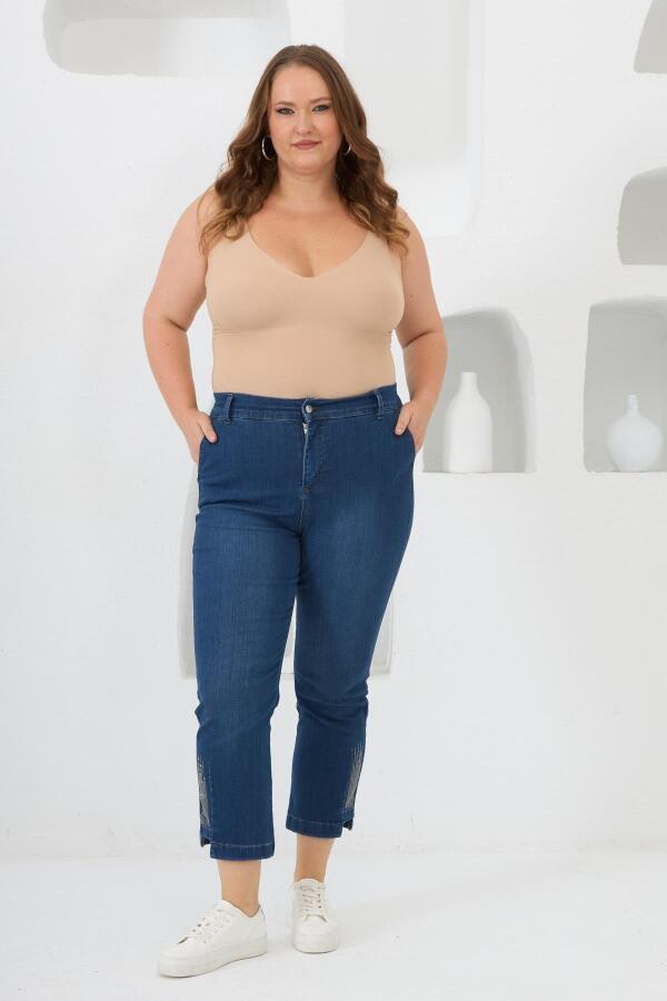 Büyük Beden Taş Detay Denim Kapri Lacivert - 4