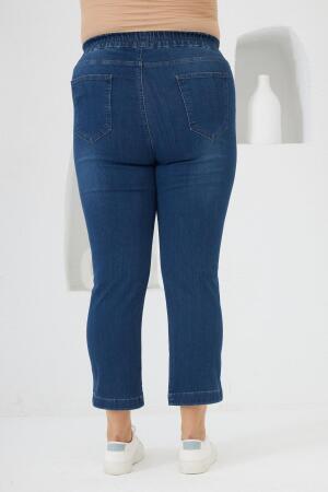 Büyük Beden Taş Detay Denim Kapri Lacivert - 5