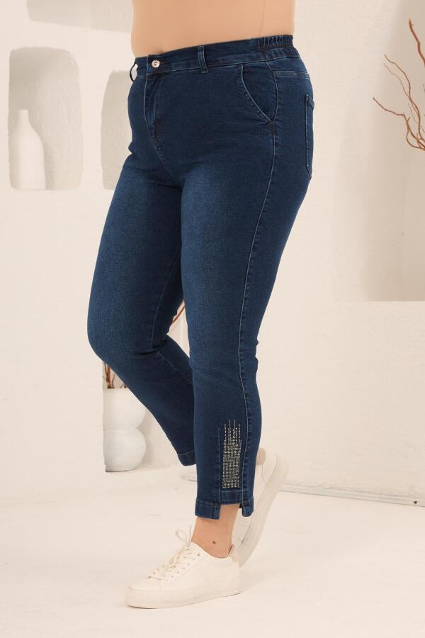 Büyük Beden Taş Detay Denim Kapri Lacivert - 1