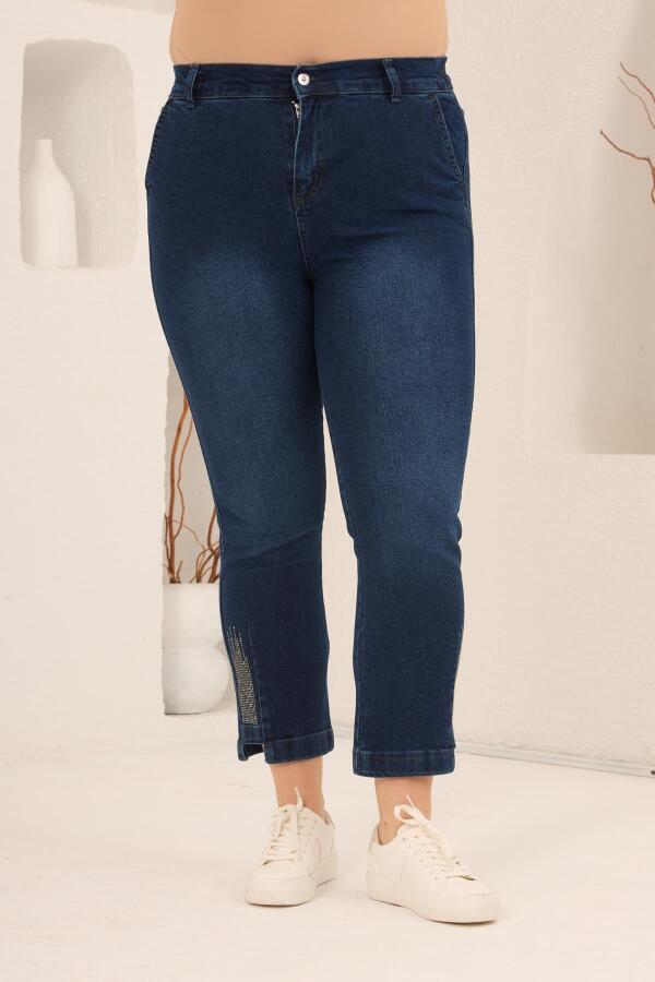 Büyük Beden Taş Detay Denim Kapri Lacivert - 2