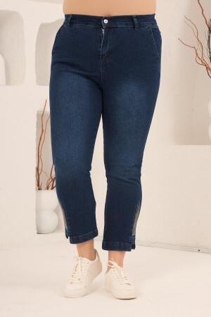 Büyük Beden Taş Detay Denim Kapri Lacivert - 4