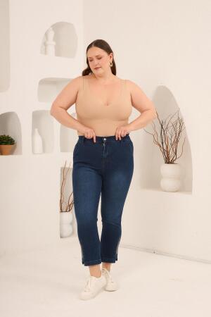 Büyük Beden Taş Detay Denim Kapri Lacivert - 6