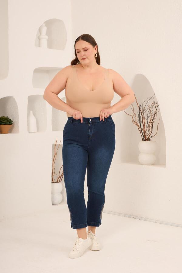 Büyük Beden Taş Detay Denim Kapri Lacivert - 6