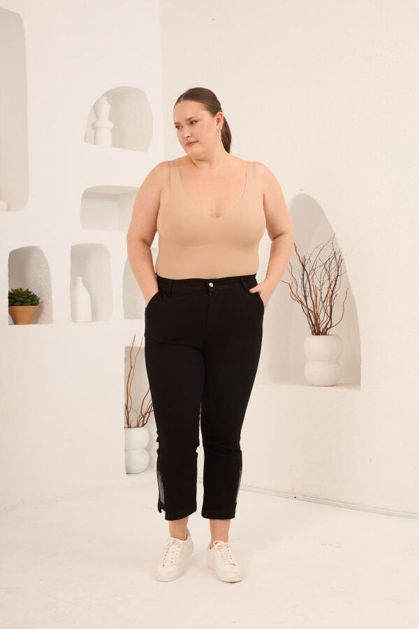 Büyük Beden Taş Detay Denim Pantolon Siyah - 6