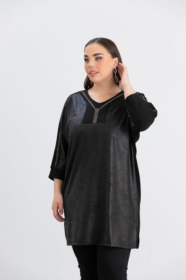 Büyük Beden Taş Detay Örme Bluz Siyah - 1