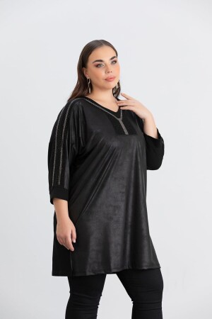 Büyük Beden Taş Detay Örme Bluz Siyah - 3
