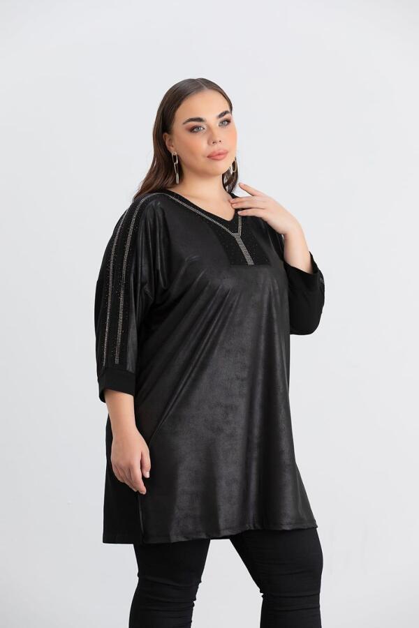 Büyük Beden Taş Detay Örme Bluz Siyah - 3