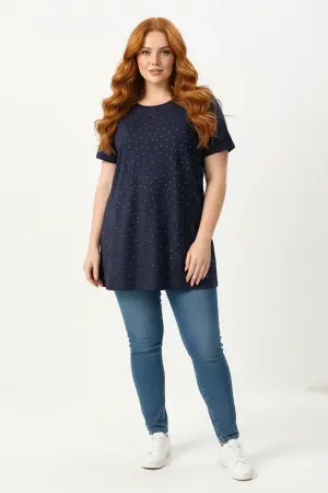 Büyük Beden Taş Detaylı Kısa Kollu Lacivert T-shirt - 1