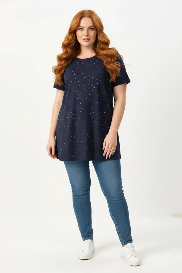 Büyük Beden Taş Detaylı Kısa Kollu Lacivert T-shirt - 1