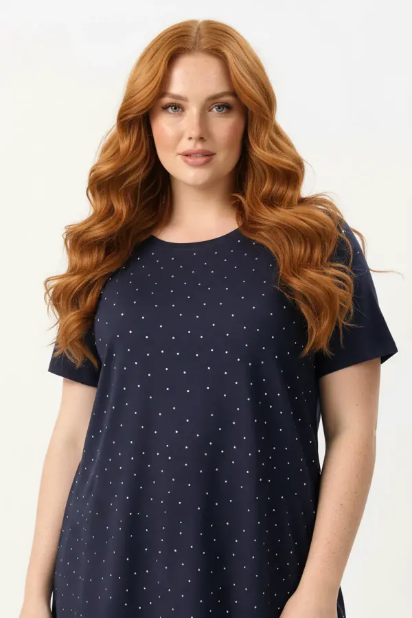 Büyük Beden Taş Detaylı Kısa Kollu Lacivert T-shirt - 2