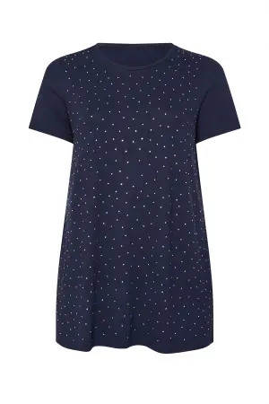 Büyük Beden Taş Detaylı Kısa Kollu Lacivert T-shirt - 5