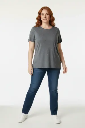 Büyük Beden Taş Detaylı Kısa Kollu T-shirt - 1
