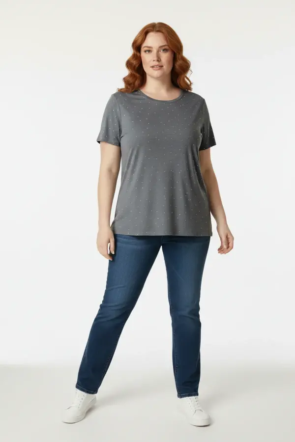 Büyük Beden Taş Detaylı Kısa Kollu T-shirt - 1