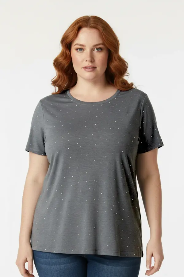 Büyük Beden Taş Detaylı Kısa Kollu T-shirt - 3
