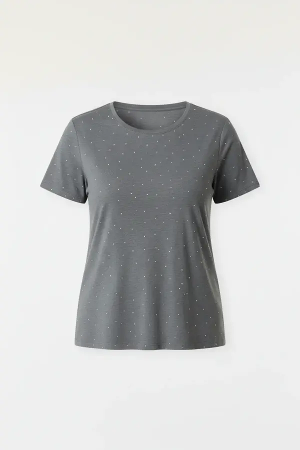 Büyük Beden Taş Detaylı Kısa Kollu T-shirt - 5