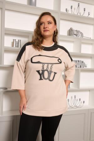 Büyük Beden Taş ve Deri Detaylı Bluz Krem - RMG