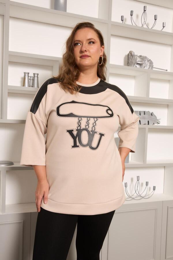 Büyük Beden Taş ve Deri Detaylı Bluz Krem - 1