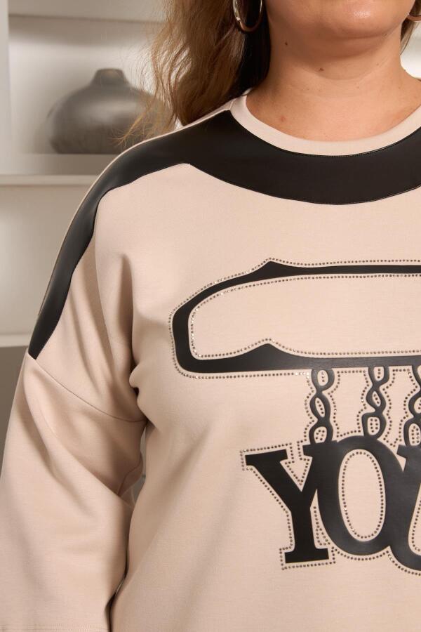 Büyük Beden Taş ve Deri Detaylı Bluz Krem - 2