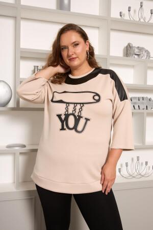 Büyük Beden Taş ve Deri Detaylı Bluz Krem - 3