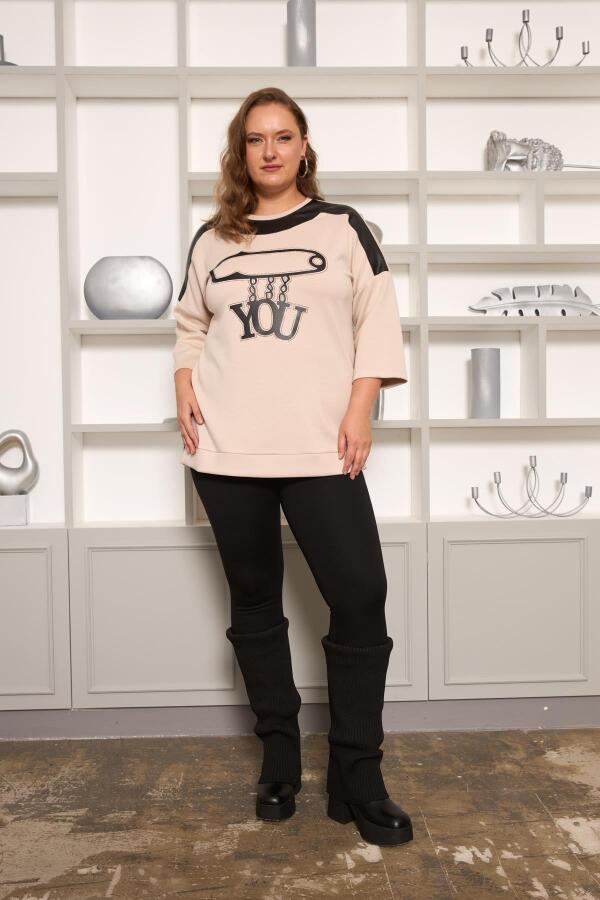 Büyük Beden Taş ve Deri Detaylı Bluz Krem - 6