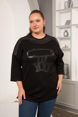 Büyük Beden Taş ve Deri Detaylı Bluz Siyah - RMG