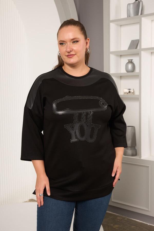 Büyük Beden Taş ve Deri Detaylı Bluz Siyah - 1
