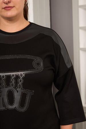 Büyük Beden Taş ve Deri Detaylı Bluz Siyah - RMG (1)