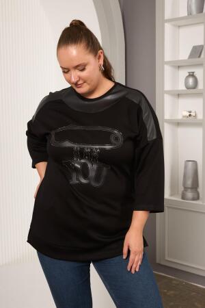 Büyük Beden Taş ve Deri Detaylı Bluz Siyah - 3