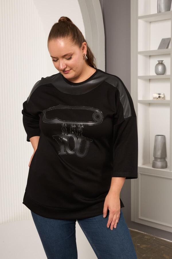 Büyük Beden Taş ve Deri Detaylı Bluz Siyah - 3