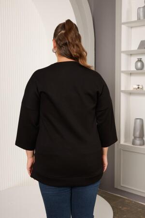 Büyük Beden Taş ve Deri Detaylı Bluz Siyah - 5