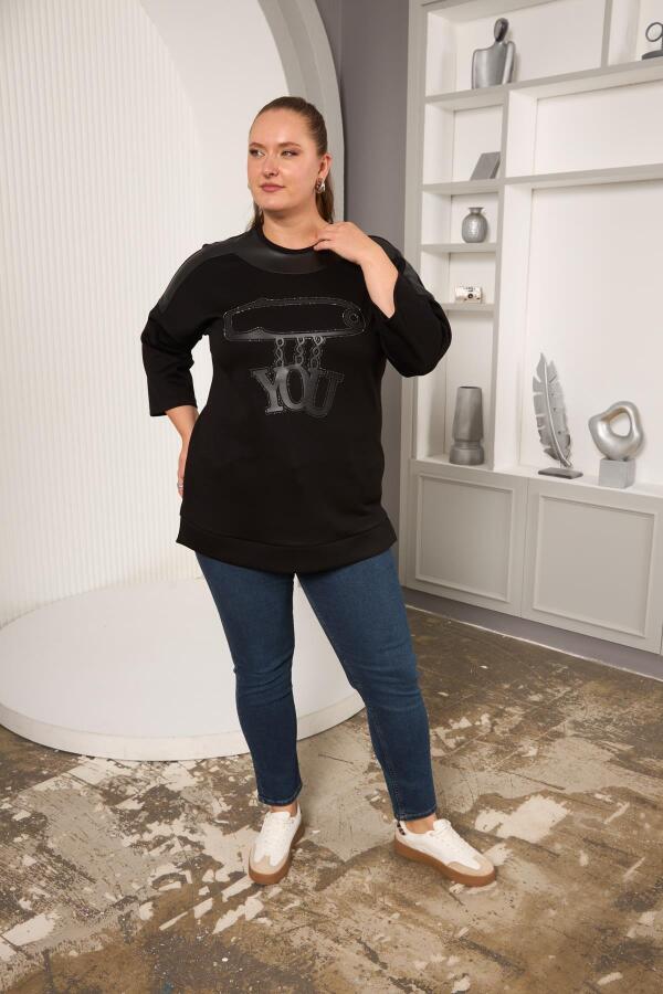 Büyük Beden Taş ve Deri Detaylı Bluz Siyah - 6