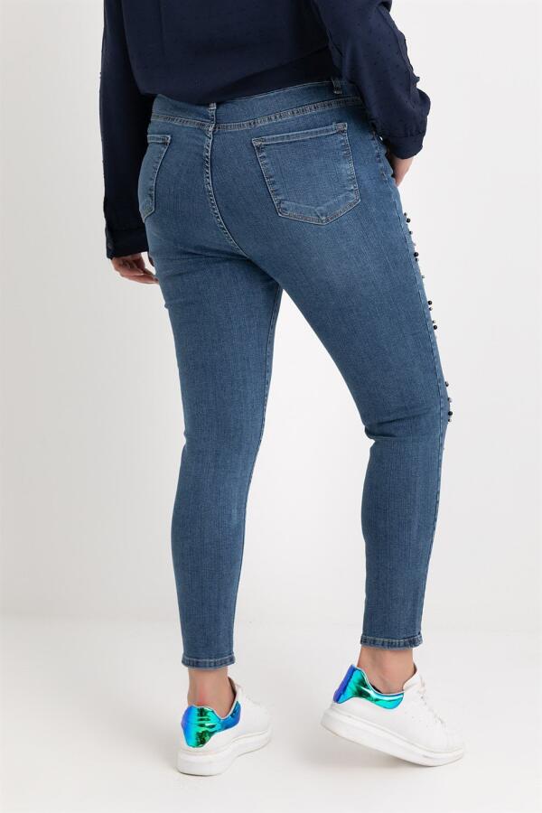Büyük Beden Taşlı Boncuklu Jean Pantolon - MAVİ - 5