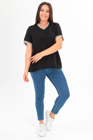 Trend42plus Büyük Beden Triko Bantlı Siyah Bluz - 2