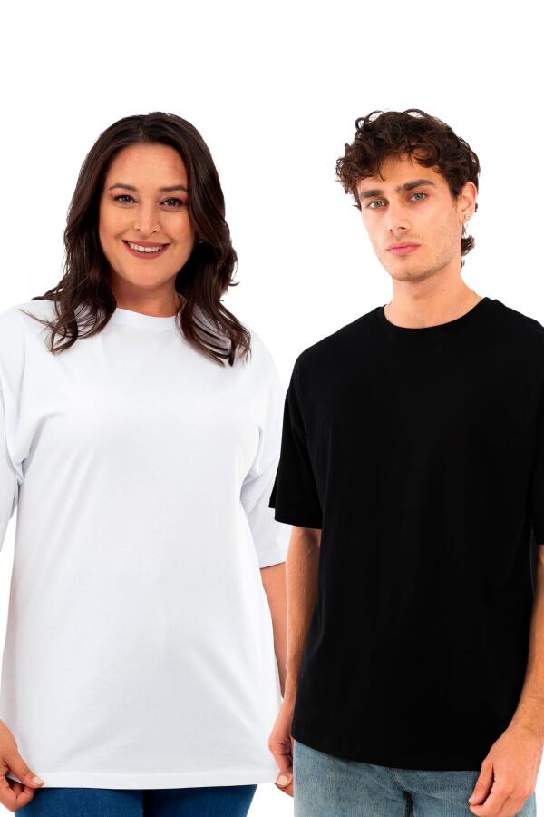 Trend42plus Büyük Beden Unisex Oversize Bisiklet Yaka Basic Siyah-Beyaz t-shirt / Rahat 2'li Paket - 1