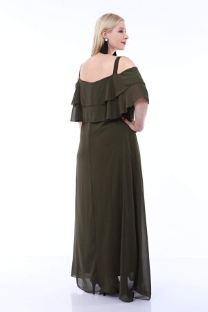 Büyük Beden Uzun Askılı Şifon İki Kat Fırfırlı Haki Şifon Elbise 8009 - 5