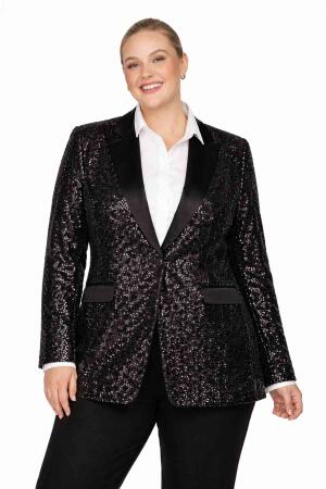 Büyük Beden Uzun Payet Blazer – Abiye Üstü Şık Ceket (62 Bedene Kadar) ND4032 - Angelino Butik