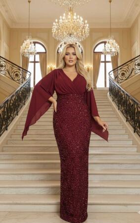 Büyük Beden V Yaka Bordo Pelerin Kollu Uzun Abiye Elbise – Işıltılı Şık Davet Elbisesi (40-62 Beden) ND4034 - Angelino Butik