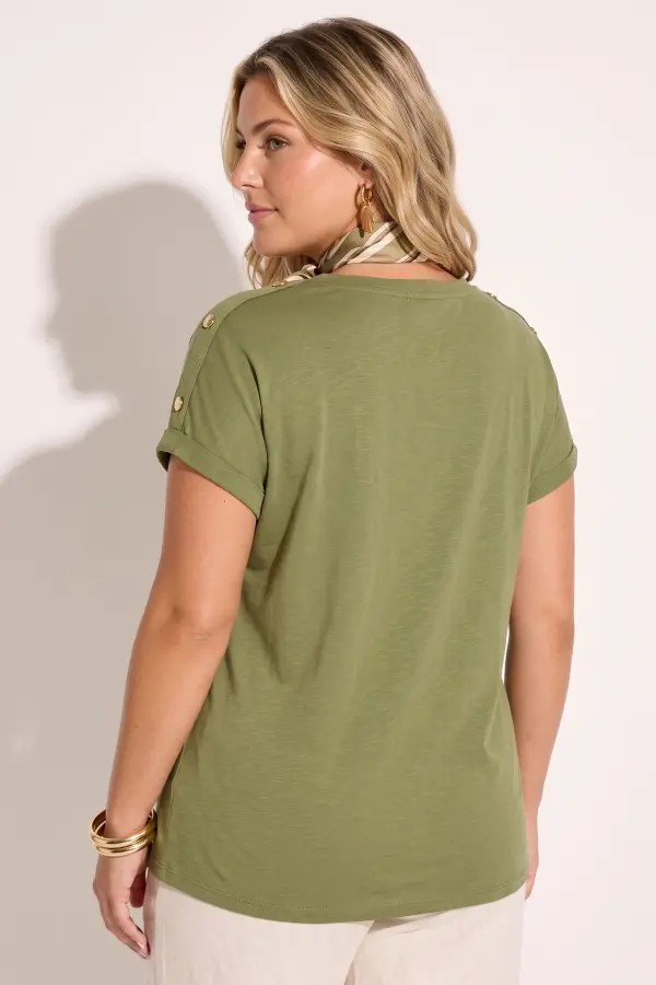 Büyük Beden V Yaka Kısa Kollu Düğme Detaylı T-shirt - 5