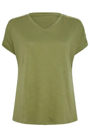 Büyük Beden V Yaka Kısa Kollu Düğme Detaylı T-shirt - 7